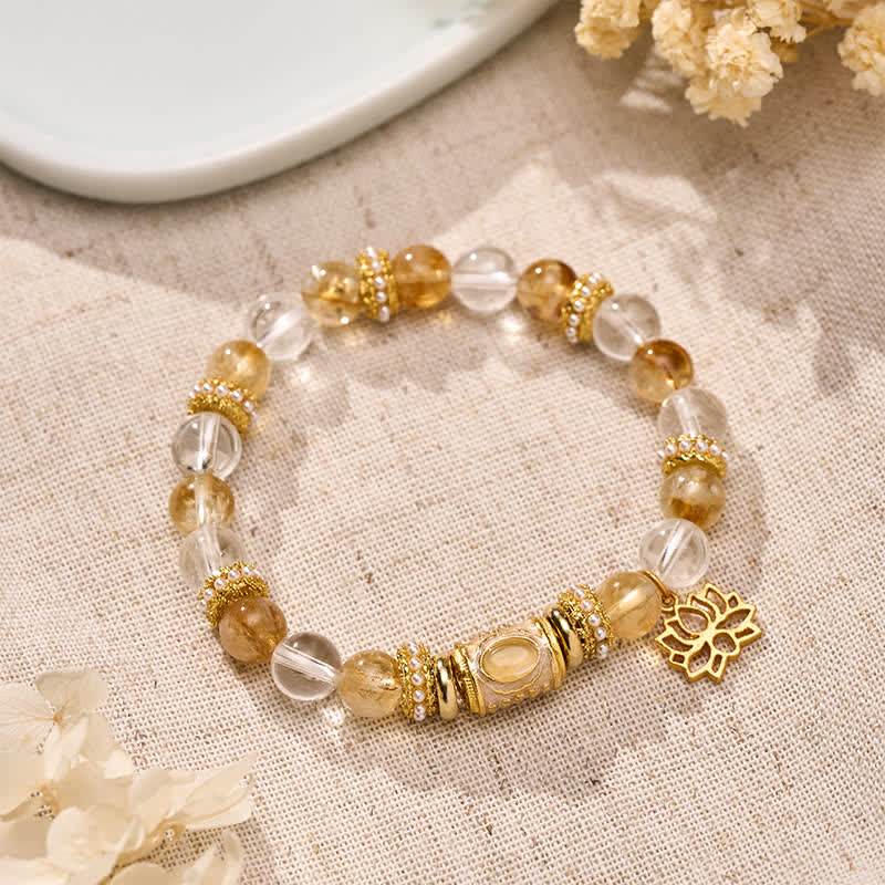 Buddha Stones シトリンクリアクォーツエナメルバレルビーズロータスラウンドビーズブレスレット - シトリンクリアクォーツ（手首周り：15～16cm） - image 0