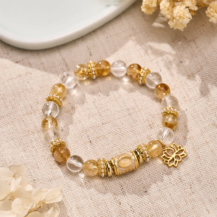 Buddha Stones シトリンクリアクォーツエナメルバレルビーズロータスラウンドビーズブレスレット - シトリンクリアクォーツ（手首周り：15～16cm） - image 0