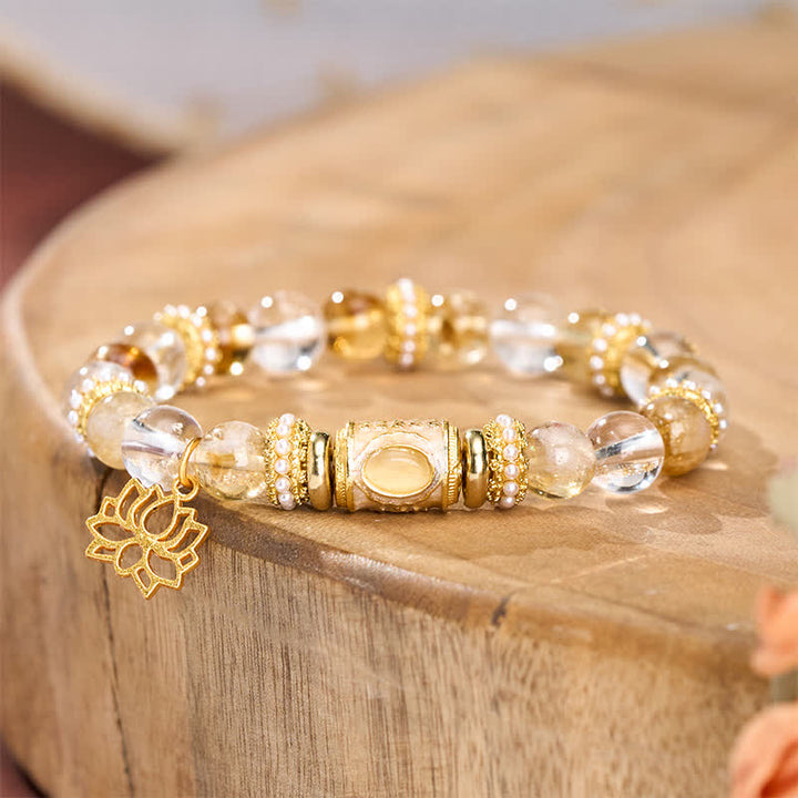 Buddha Stones シトリンクリアクォーツエナメルバレルビーズロータスラウンドビーズブレスレット - image 1
