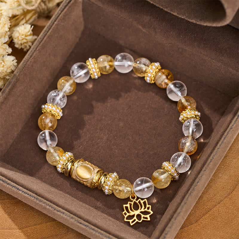Buddha Stones シトリンクリアクォーツエナメルバレルビーズロータスラウンドビーズブレスレット - image 3