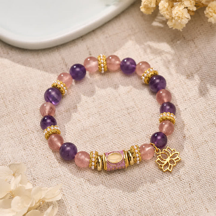Buddha Stones 天然アメジスト、ストロベリークォーツ、エナメルバレルビーズ、ロータスペンダント、穏やかな手磨きラウンドビーズブレスレット - アメジストストロベリークォーツ（手首周り：15～16cm） - image 0