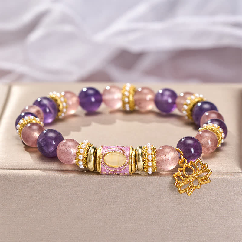 Buddha Stones 天然アメジスト、ストロベリークォーツ、エナメルバレルビーズ、ロータスペンダント、穏やかな手磨きラウンドビーズブレスレット - image 3