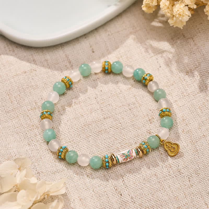 Buddha Stones アマゾナイトホワイトアゲートエナメルバレルビーズバタフライハンドポリッシュラウンドビーズブレスレット - image 1