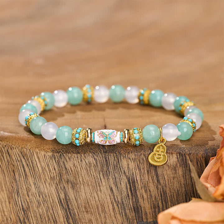 Buddha Stones アマゾナイトホワイトアゲートエナメルバレルビーズバタフライハンドポリッシュラウンドビーズブレスレット - アマゾナイトホワイトアゲート（手首周り：15～16cm） - image 0