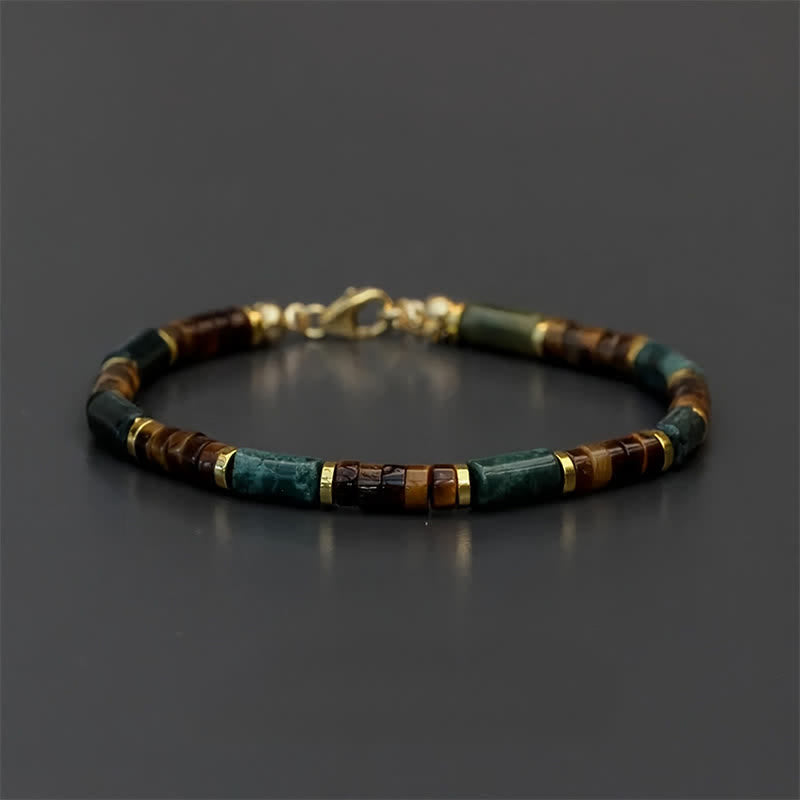 Buddha Stones ラピスラズリとタイガーアイの円筒形ビーズの知恵のブレスレット - 延長チェーンなし（手首周り：15～16cm） - image 0