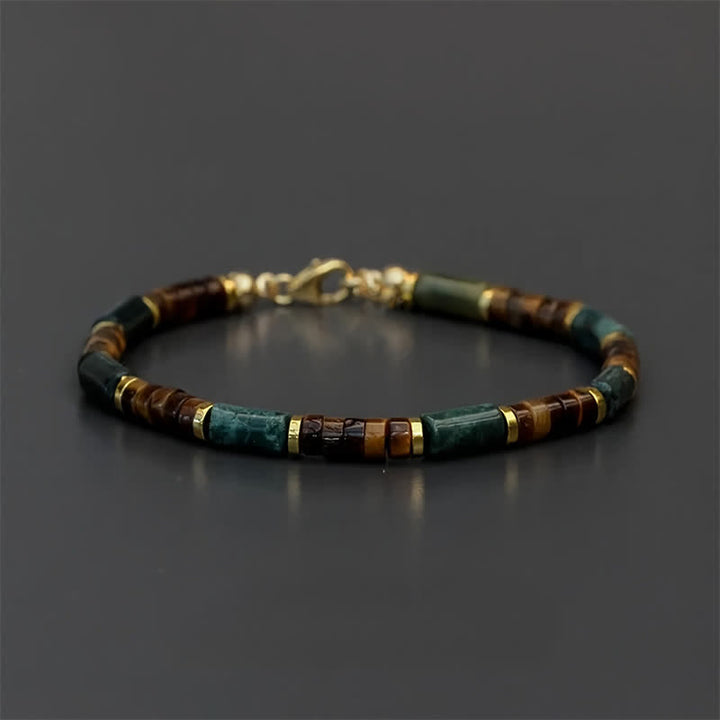 Buddha Stones ラピスラズリとタイガーアイの円筒形ビーズの知恵のブレスレット - 延長チェーンなし（手首周り：15～16cm） - image 0