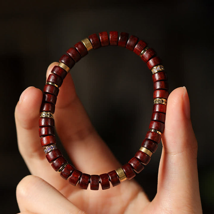 Buddha Stones レッドローズウッドと黒檀を使用した、バレルビーズのミニマリストブレスレット - image 4