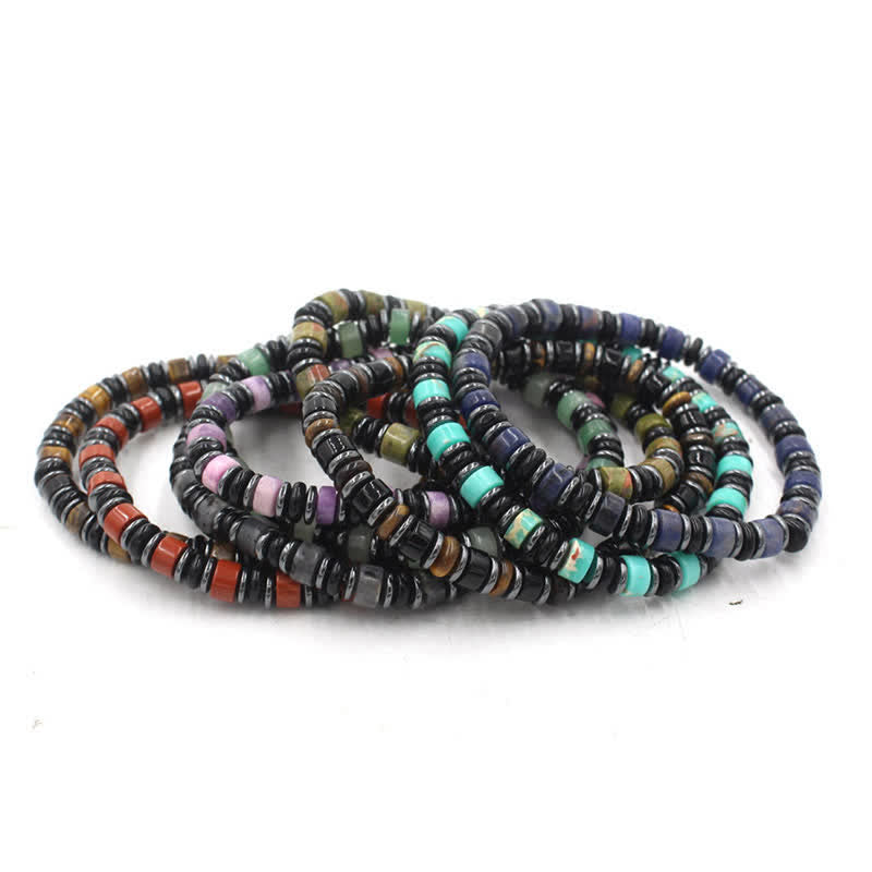 Buddha Stones 黒曜石（ヘマタイト）の手磨きエスニック幸運フラットビーズブレスレット - image 1