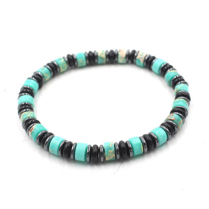 Buddha Stones 黒曜石（ヘマタイト）の手磨きエスニック幸運フラットビーズブレスレット - ターコイズ（保護♥コミュニケーション）（手首周り：15～16cm） - image 4