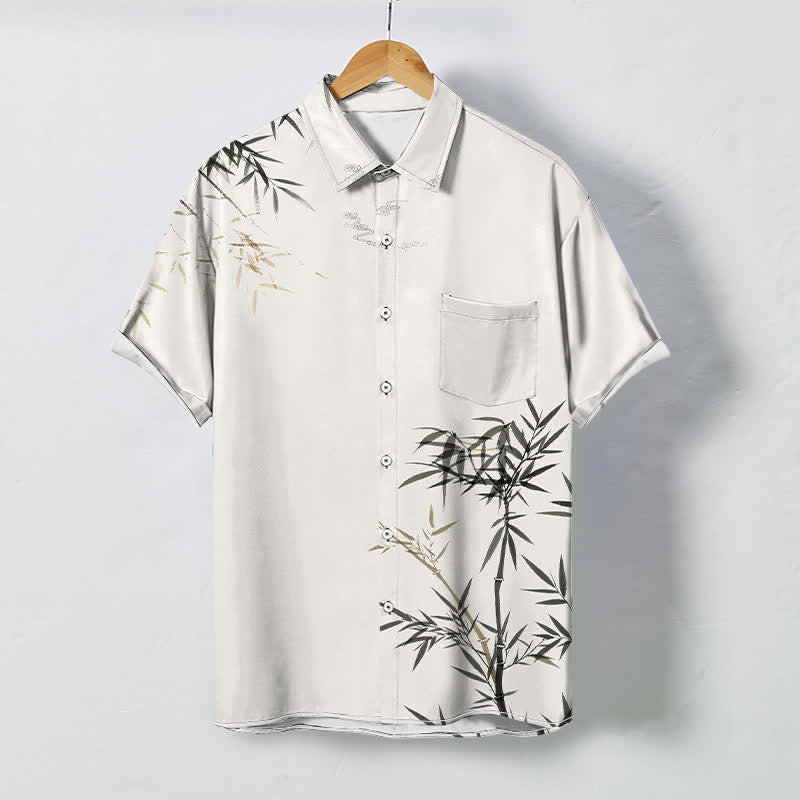 Buddha Stones 墨竹葉模様ボタン付きしわになりにくいメンズ半袖シャツ - 象牙 - US/UK/AU48、 EU58 (4XL) - image 0