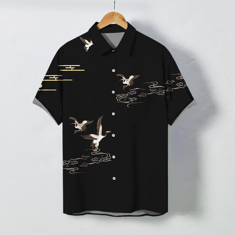 Buddha Stones 鶴と雲の模様のボタンが付いた、しわになりにくいメンズ半袖シャツ - 黒 - US/UK/AU48、 EU58 (4XL) - image 7