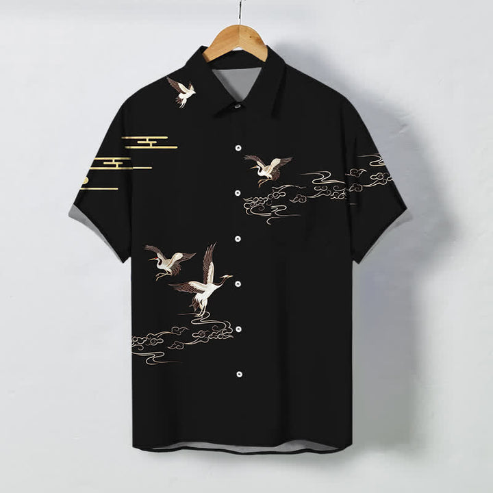 Buddha Stones 鶴と雲の模様のボタンが付いた、しわになりにくいメンズ半袖シャツ - 黒 - US/UK/AU48、 EU58 (4XL) - image 7