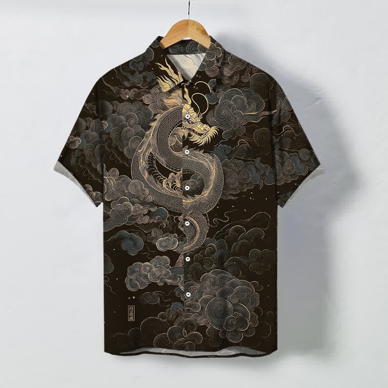 Buddha Stones 金龍雲模様ボタン付きしわになりにくいメンズ半袖シャツ - 黒 - US/UK/AU48、 EU58 (4XL) - image 0