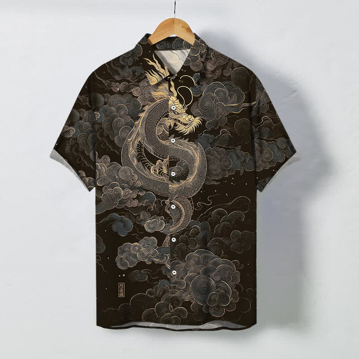 Buddha Stones 金龍雲模様ボタン付きしわになりにくいメンズ半袖シャツ - 黒 - US/UK/AU48、 EU58 (4XL) - image 0