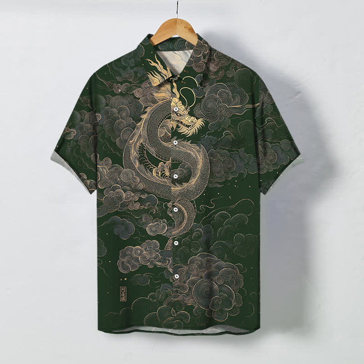 Buddha Stones 金龍雲模様ボタン付きしわになりにくいメンズ半袖シャツ - ダークグリーン - US/UK/AU48、 EU58 (4XL) - image 5