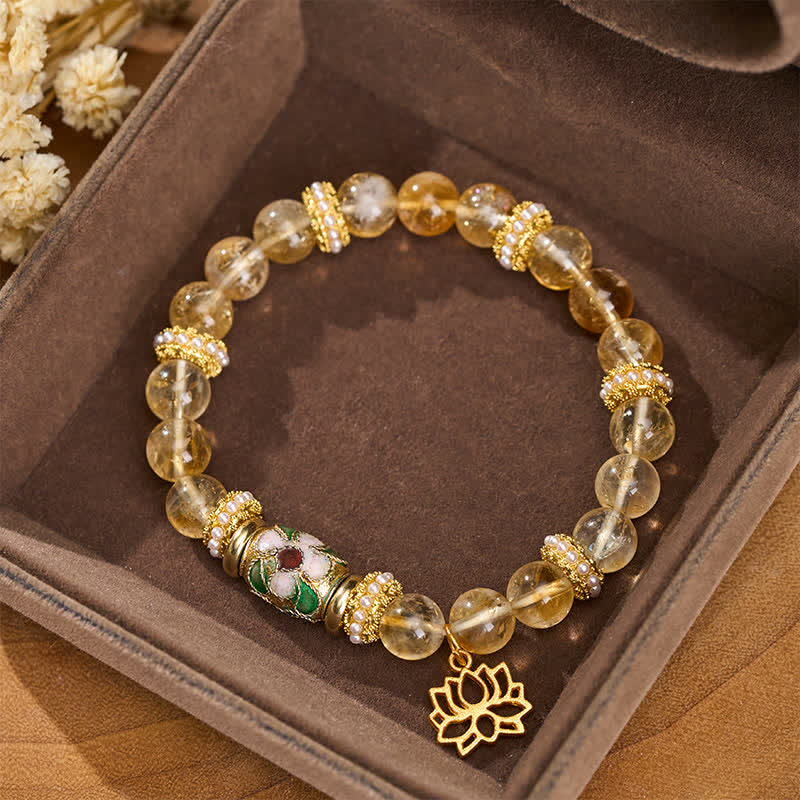Buddha Stones シトリンロータスペンダント、エナメルバレルビーズ、手磨きラウンドビーズブレスレット - シトリン（手首周り：15～16cm） - image 0