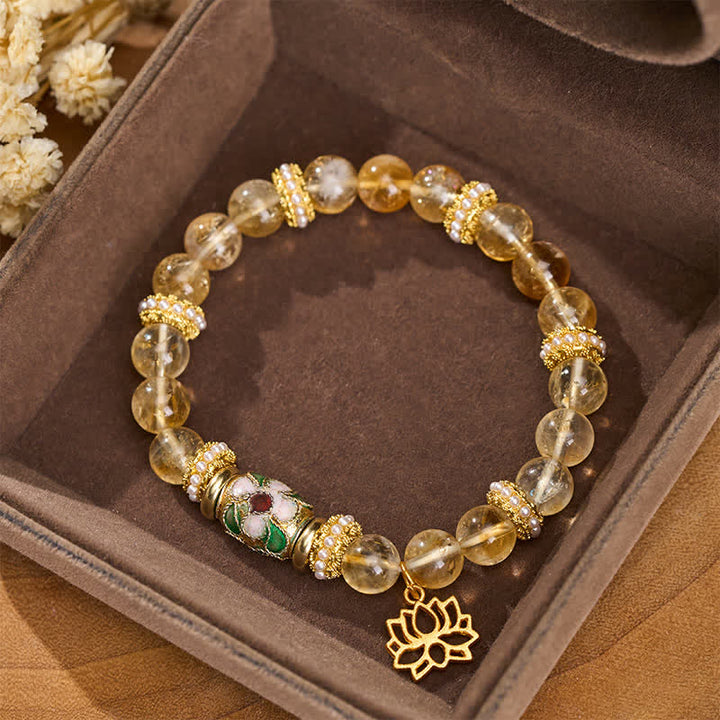 Buddha Stones シトリンロータスペンダント、エナメルバレルビーズ、手磨きラウンドビーズブレスレット - シトリン（手首周り：15～16cm） - image 0