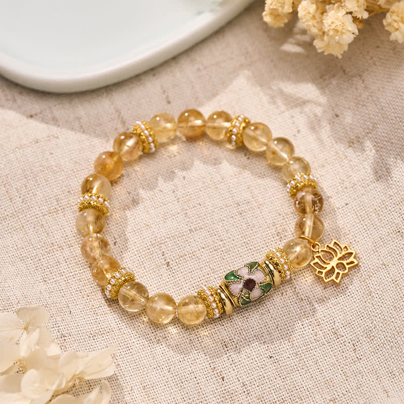 Buddha Stones シトリンロータスペンダント、エナメルバレルビーズ、手磨きラウンドビーズブレスレット - image 1