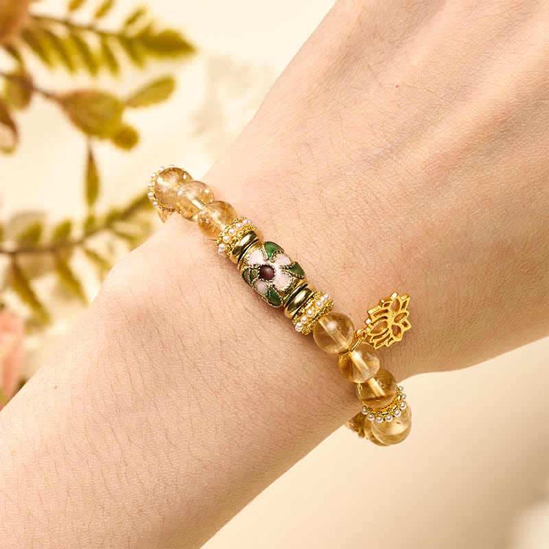 Buddha Stones シトリンロータスペンダント、エナメルバレルビーズ、手磨きラウンドビーズブレスレット - image 4