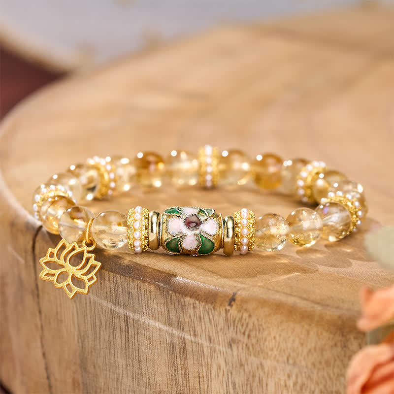 Buddha Stones シトリンロータスペンダント、エナメルバレルビーズ、手磨きラウンドビーズブレスレット - image 2