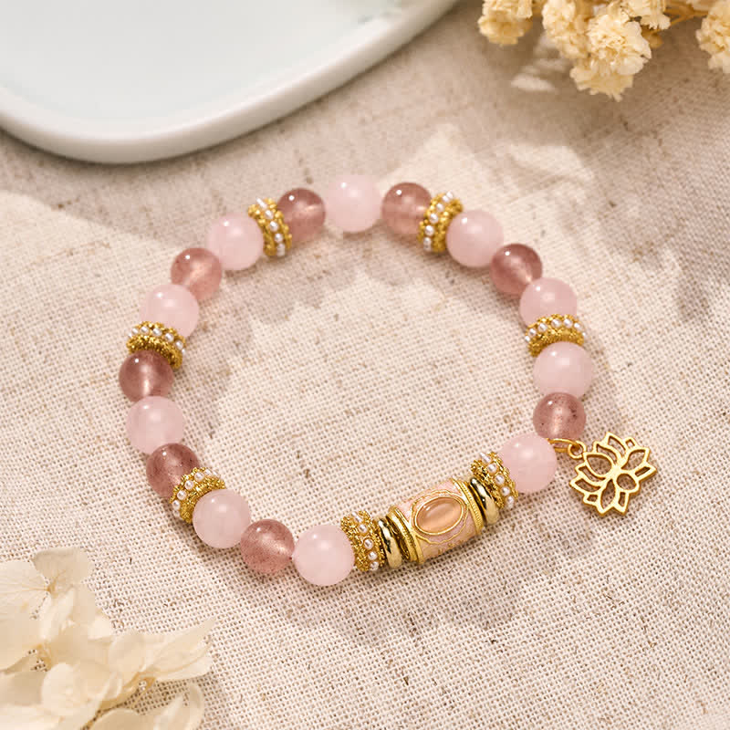 Buddha Stones 天然ストロベリークォーツ、ローズクォーツ、エナメルバレルビーズ、透明度の高いラウンドビーズブレスレット - ストロベリークォーツ／ローズクォーツ（手首周り：15～16cm） - image 0