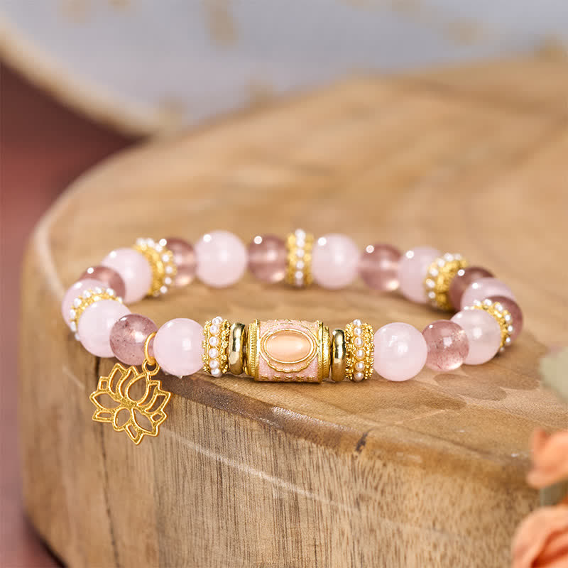 Buddha Stones 天然ストロベリークォーツ、ローズクォーツ、エナメルバレルビーズ、透明度の高いラウンドビーズブレスレット - image 3