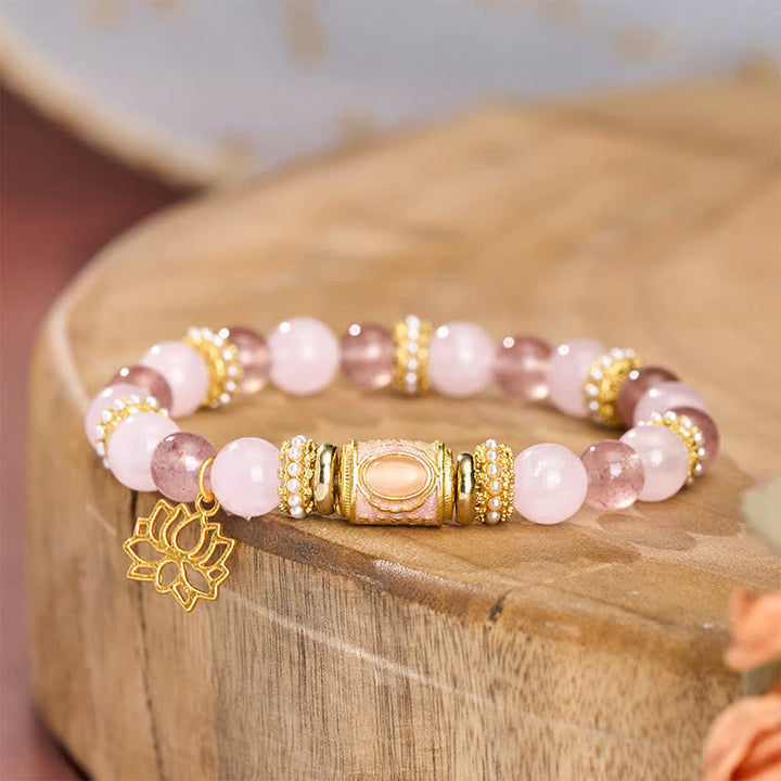 Buddha Stones 天然ストロベリークォーツ、ローズクォーツ、エナメルバレルビーズ、透明度の高いラウンドビーズブレスレット - image 3