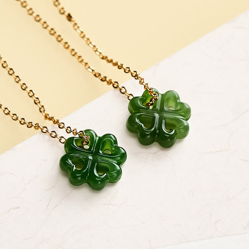 Buddha Stones 翡翠の四つ葉のクローバー幸運モチーフ手彫りペンダントネックレス - image 4