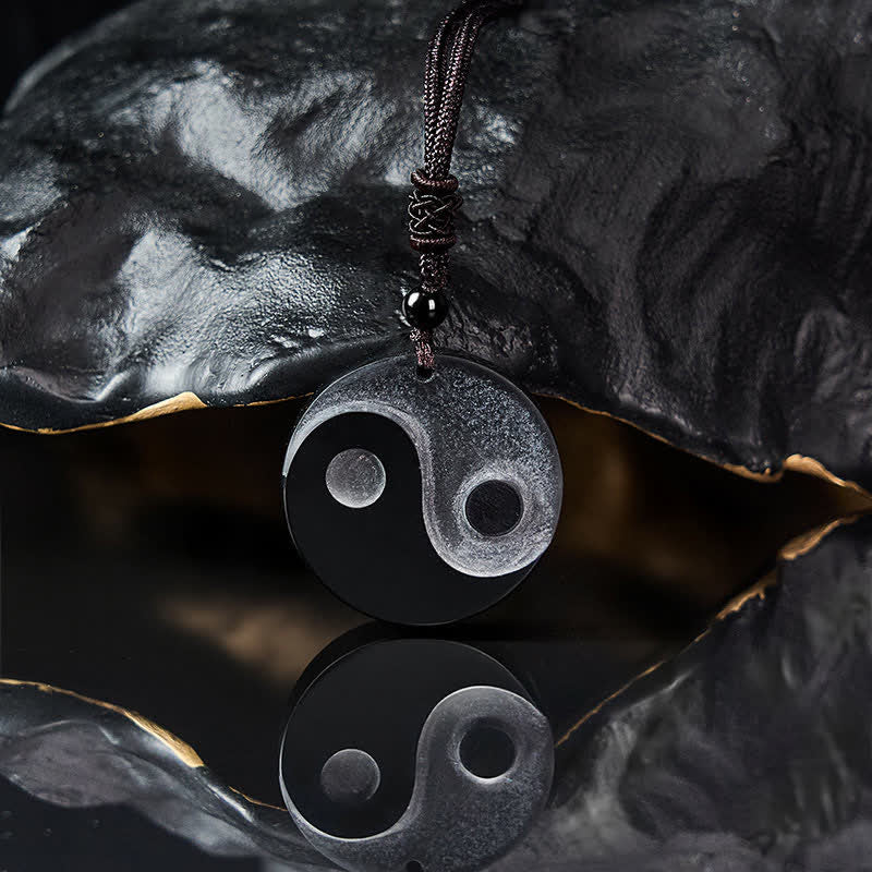 Buddha Stones 黒曜石の陰陽バランスラウンドペンダントネックレス - image 3