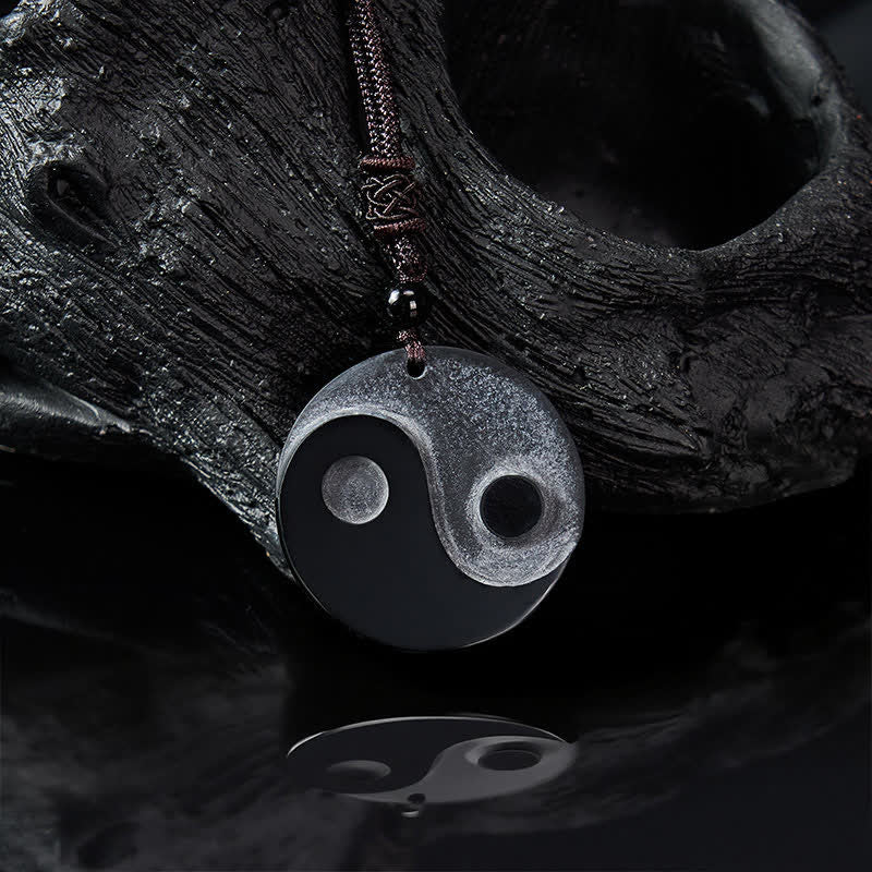 Buddha Stones 黒曜石の陰陽バランスラウンドペンダントネックレス - image 4