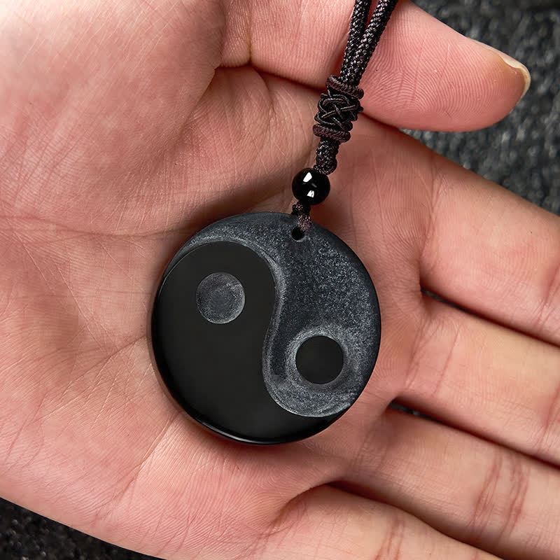 Buddha Stones 黒曜石の陰陽バランスラウンドペンダントネックレス - image 7