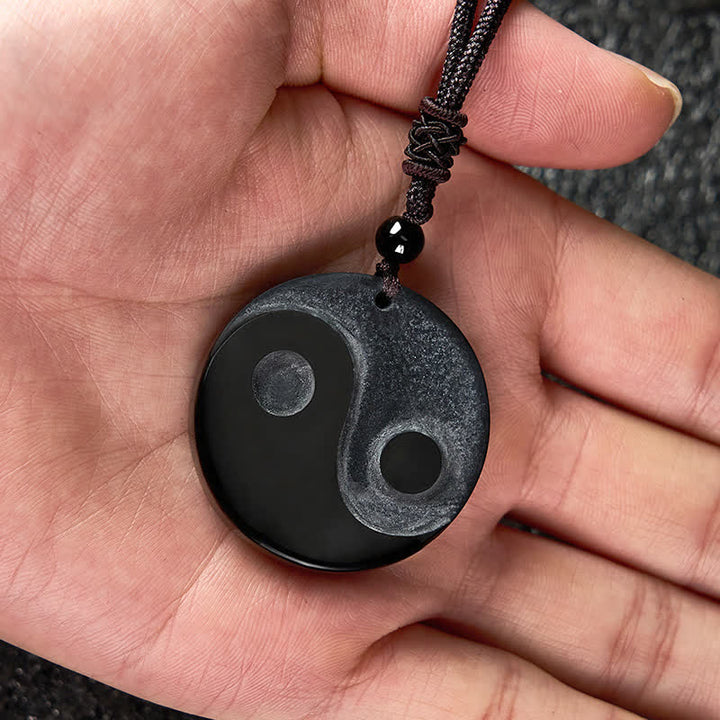 Buddha Stones 黒曜石の陰陽バランスラウンドペンダントネックレス - image 7