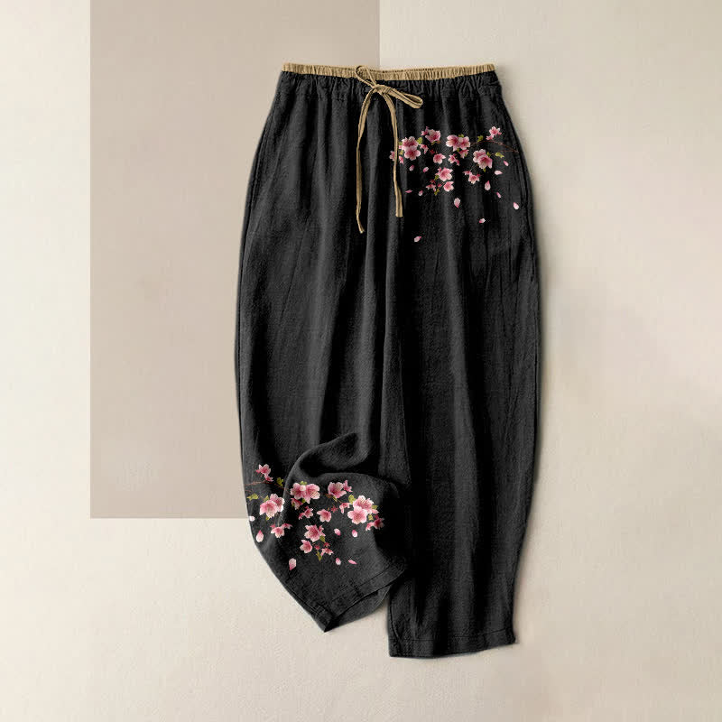 Buddha Stones 純綿ピンクの花柄レディースゴムウエストパンツ（ポケット付き） - 黒 - US16、 UK/AU20、 EU48 (3XL) - image 0