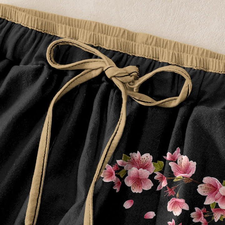 Buddha Stones 純綿ピンクの花柄レディースゴムウエストパンツ（ポケット付き） - image 1