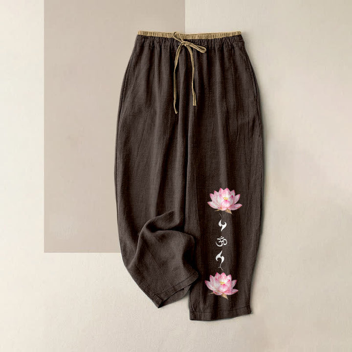 Buddha Stones 純綿ピンクの蓮の花柄OM禅模様レディースゴムウエストパンツ（ポケット付き） - サドルブラウン - US16、 UK/AU20、 EU48 (3XL) - image 8