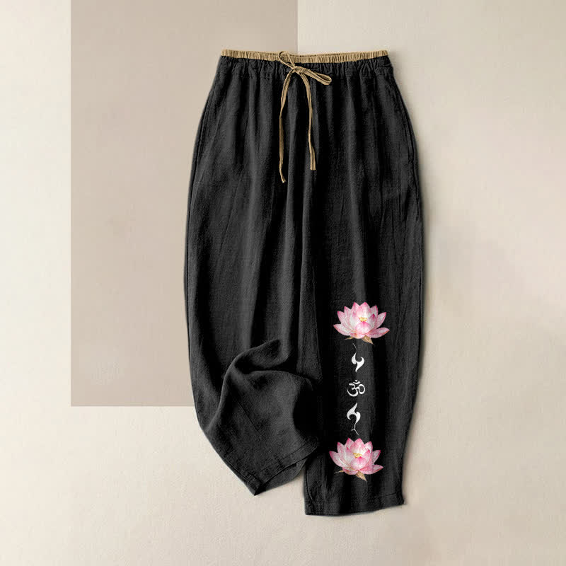 Buddha Stones 純綿ピンクの蓮の花柄OM禅模様レディースゴムウエストパンツ（ポケット付き） - 黒 - US16、 UK/AU20、 EU48 (3XL) - image 4
