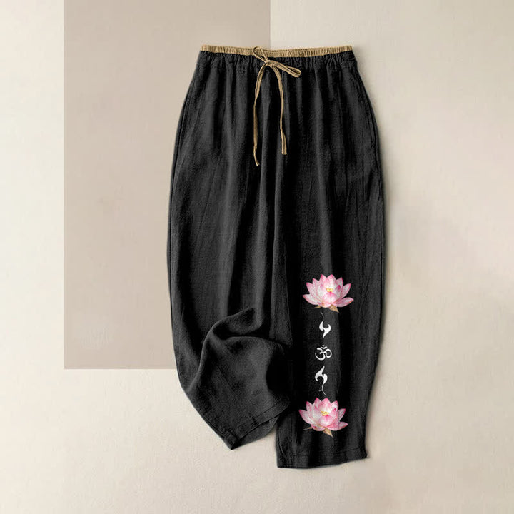 Buddha Stones 純綿ピンクの蓮の花柄OM禅模様レディースゴムウエストパンツ（ポケット付き） - 黒 - US16、 UK/AU20、 EU48 (3XL) - image 4