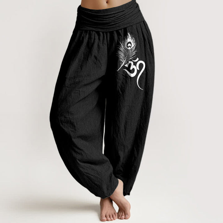 Buddha Stones ピュアコットン オムフェザー柄 レディース ゴムウエスト ハーレムパンツ - 黒 - US16、 UK/AU20、 EU48 (3XL) - image 5