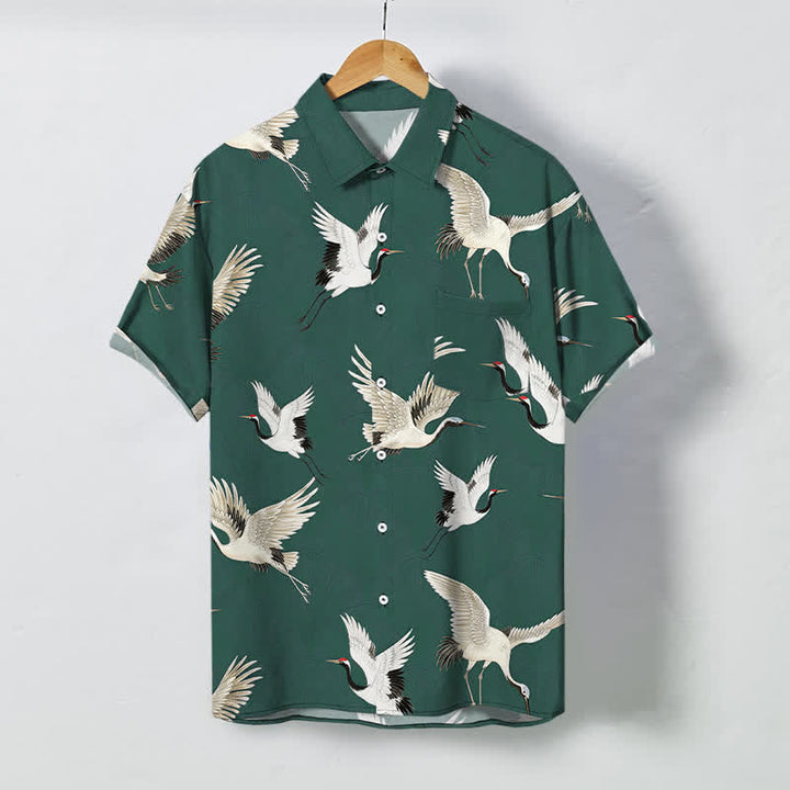 Buddha Stones 白鶴柄ボタン付き通気性メンズ半袖シャツ - ティール - US/UK/AU48、 EU58 (4XL) - image 7