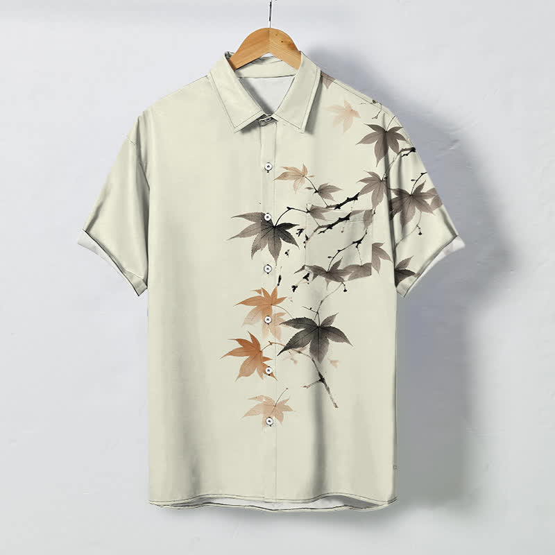 Buddha Stones 秋の紅葉柄ボタン付き通気性メンズ半袖シャツ - ベージュ - US/UK/AU48、 EU58 (4XL) - image 0