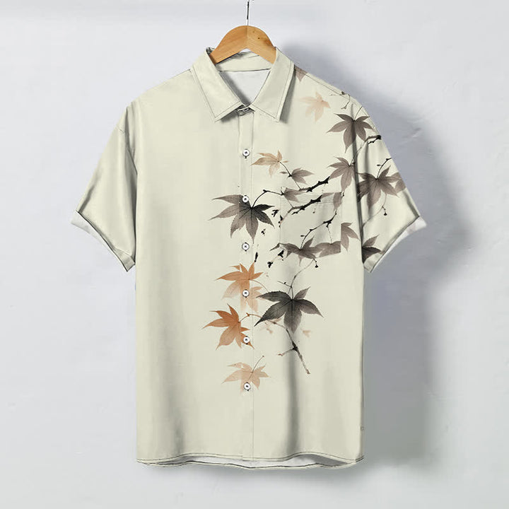 Buddha Stones 秋の紅葉柄ボタン付き通気性メンズ半袖シャツ - ベージュ - US/UK/AU48、 EU58 (4XL) - image 0
