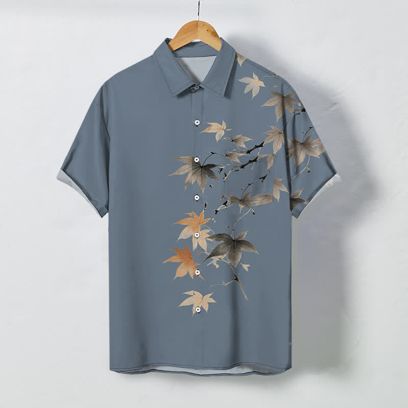 Buddha Stones 秋の紅葉柄ボタン付き通気性メンズ半袖シャツ - ライトスチールブルー - US/UK/AU48、 EU58 (4XL) - image 5