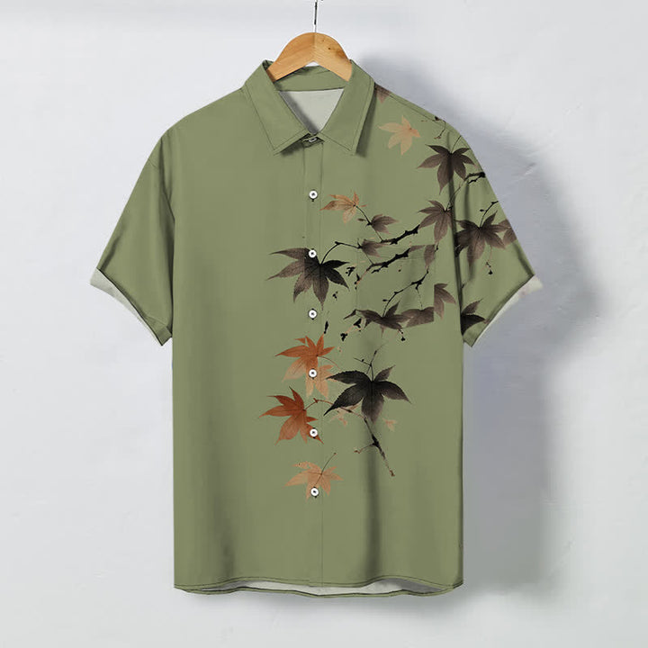 Buddha Stones 秋の紅葉柄ボタン付き通気性メンズ半袖シャツ - ダークカーキ - US/UK/AU48、 EU58 (4XL) - image 7