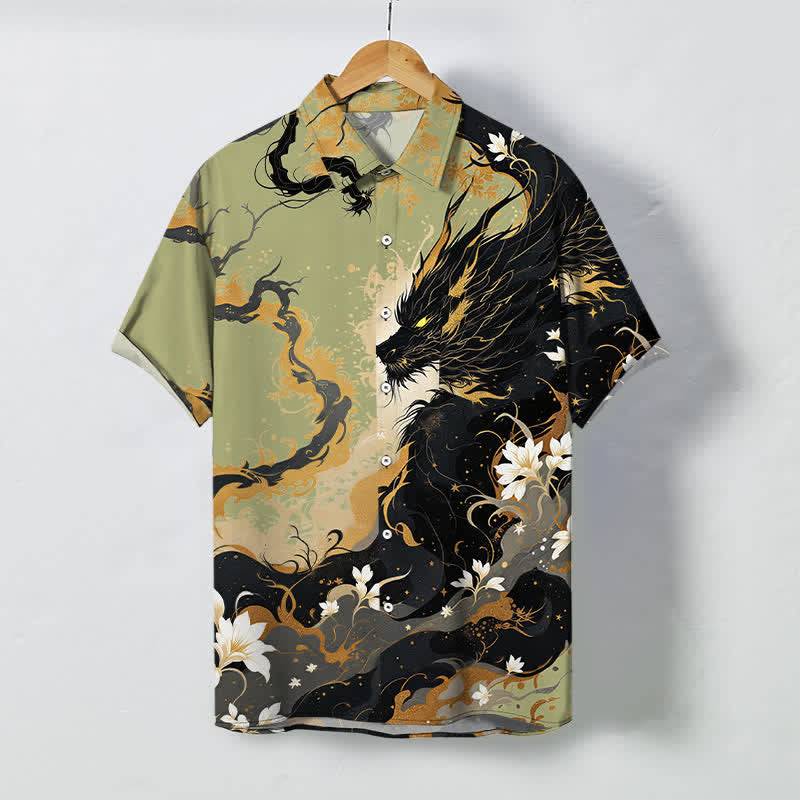 Buddha Stones ゴールデンドラゴンクラウド花柄ボタン通気性メンズ半袖シャツ - 黄緑 - US/UK/AU48、 EU58 (4XL) - image 7