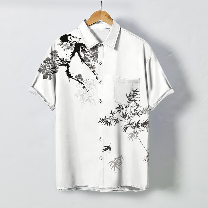 Buddha Stones 墨竹の葉と木の枝の模様ボタン付き通気性メンズ半袖シャツ - 白 - US/UK/AU48、 EU58 (4XL) - image 0