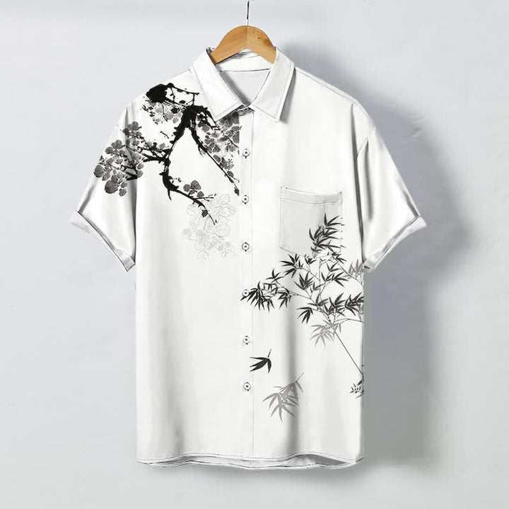 Buddha Stones 墨竹の葉と木の枝の模様ボタン付き通気性メンズ半袖シャツ - 白 - US/UK/AU48、 EU58 (4XL) - image 0
