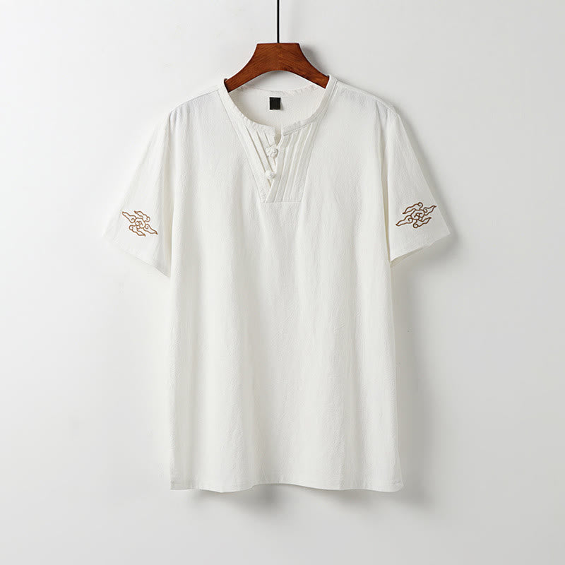 Buddha Stones 夏唐風 カエルボタン 吉祥雲刺繍 無地 メンズ半袖シャツ - 白 - US/UK/AU54, EU64 （9XL） - image 12