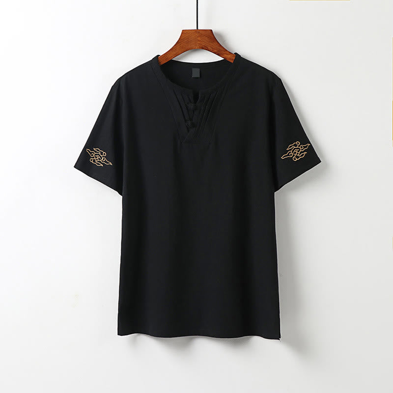 Buddha Stones 夏唐風 カエルボタン 吉祥雲刺繍 無地 メンズ半袖シャツ - 黒 - US/UK/AU54, EU64 （9XL） - image 10