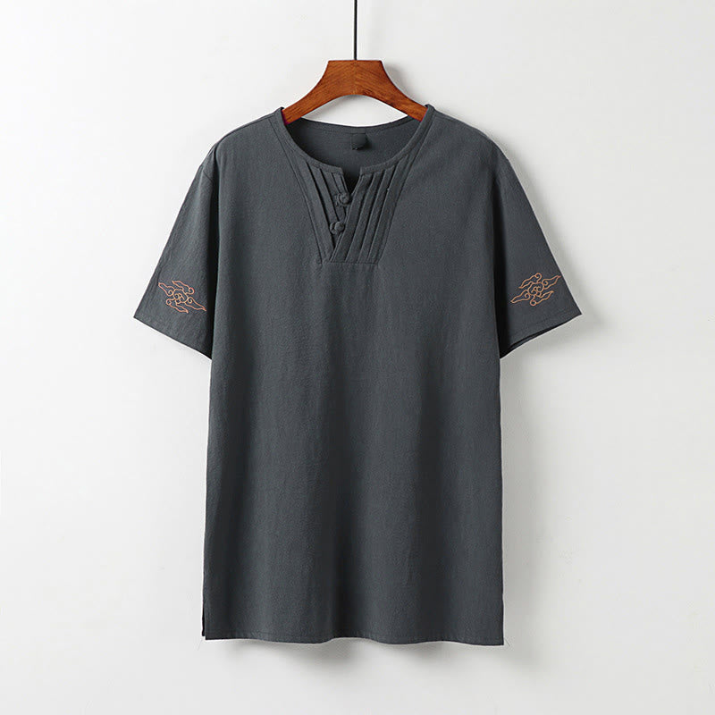 Buddha Stones 夏唐風 カエルボタン 吉祥雲刺繍 無地 メンズ半袖シャツ - 薄暗い灰色 - US/UK/AU54, EU64 （9XL） - image 1