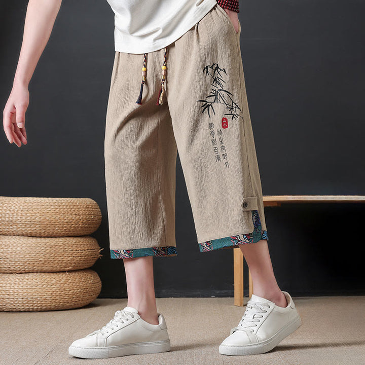 Buddha Stones 夏物唐草スタイルカジュアルドローストリング竹柄ハーフパンツメンズストレートレッグパンツポケット付き - image 13
